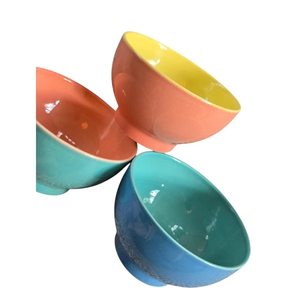 Set of 3 Porto Alegre Cereal Soup Bowls Pastel Ceramic 2 Tone Portugal Colorful‎